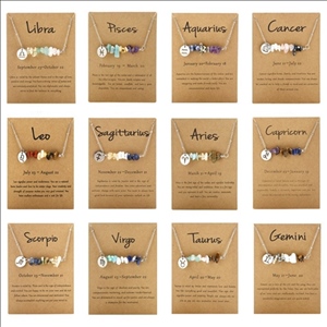 Colorful Irregular Natural Stone Jewelry Stainless Steel Chain 12 Zodiac Healing Crystal Necklace